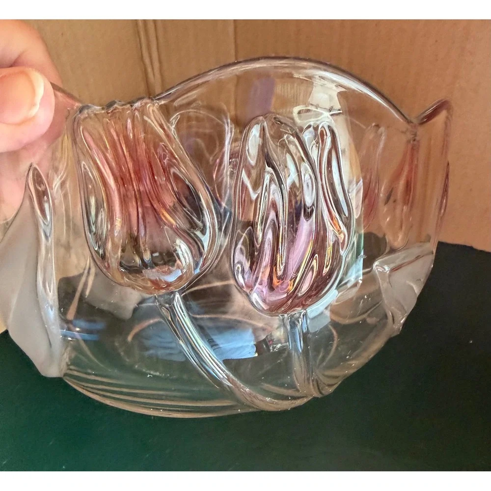Vintage Mikasa Pink Tulip Frosted Glass Serving Bowl Scalloped Floral 8